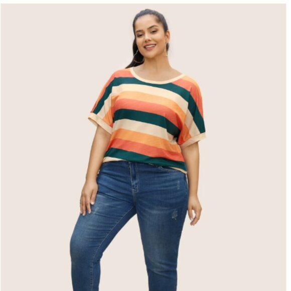 BloomChic Size M Colored Striped Crew Neck Batwing Sleeve T-shirt us size 10 - Picture 2 of 5